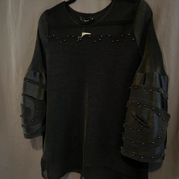 N by Nancy mod avant garde unique puff sleeve scallop neck blouse black M - Picture 4 of 16